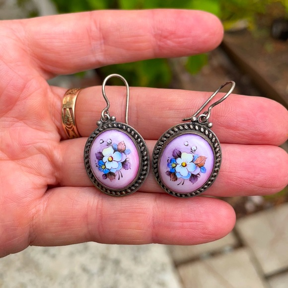 Vintage Jewelry - Vintage silver earrings with floral enamel
